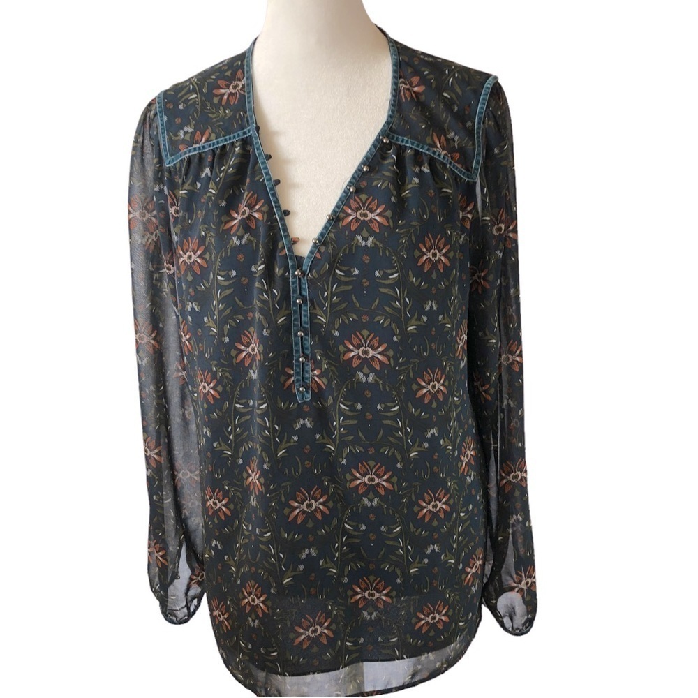 Pale Sky Dark Floral Pullover Top Women M Teal with Orange Flowers Lined